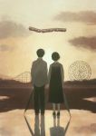  1boy 1girl absurdres black_hair cloud dress evening ferris_wheel film_grain from_behind ground_vehicle highres hill holding_hands mikami_yui muted_color original puddle reflection roller_coaster scenery shirt short_hair sky surreal train umbrella untucked_shirt wind 