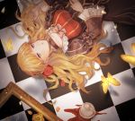  1girl beatrice_(umineko) blonde_hair blue_eyes bow broken_cup checkered checkered_floor choker cup dress gensou_aporo hair_ornament long_hair long_sleeves puffy_sleeves teacup umineko_no_naku_koro_ni yellow_butterfly 