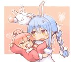  1other 2girls ahoge anger_vein animal_ear_fluff animal_ears baby bangs bib black_gloves blue_hair blush border bow braid bunny bunny_ears carrot_hair_ornament chibi commentary creature don-chan_(usada_pekora) eyebrows_visible_through_hair food_themed_hair_ornament fur-trimmed_gloves fur_trim gloves green_eyes hair_between_eyes hair_bow hair_ornament hairclip hololive kuro_(kuroneko_no_kanzume) long_braid long_hair looking_at_another motion_lines multicolored_hair multiple_girls onesie open_mouth outline outside_border pacifier pink_hair rabbit_girl rattle sakura_miko short_eyebrows sidelocks squiggle thick_eyebrows twin_braids usada_pekora v-shaped_eyebrows virtual_youtuber white_border white_bow white_outline yellow_eyes younger 