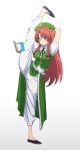  1girl absurdres beret blue_eyes book braid chinese_clothes hat highres hong_meiling leg_up leon_(mikiri_hassha) long_hair reading red_hair side_braid simple_background solo split standing standing_on_one_leg standing_split tangzhuang touhou twin_braids white_background 
