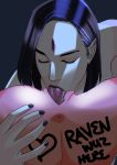  2girls 69 absurdres anus artist_request black_hair body_writing close-up completely_nude cunnilingus forehead girl_on_top highres multiple_girls nude oral pale_skin pointy_ears pussy raven_(dc) short_hair source_request starfire teen_titans third_eye tongue tongue_out uncensored yuri 