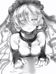  1girl azur_lane bare_shoulders blush breast_press breasts closed_mouth cross elbow_gloves fingerless_gloves gloves greyscale hair_over_one_eye highres looking_at_viewer medium_breasts monochrome nanashi_(nlo) parted_lips pov sheffield_(azur_lane) sheffield_(low-cut_elegance)_(azur_lane) short_hair simple_background solo_focus veil white_background 