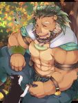  1boy abs animal_ears arsalan_(tokyo_houkago_summoners) bara bare_chest beard blush bracelet brown_fur bulge cape cat chest chest_hair closed_eyes facial_hair feet_out_of_frame fingernails furry green_cape green_hair highres jewelry lion_boy lion_ears male_focus medium_hair muscle navel nipples sharp_fingernails sitting thick_thighs thighs tight tokyo_houkago_summoners tree_stump youzora_samo18 