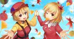  2girls absurdres aki_minoriko aki_shizuha apple apron blonde_hair blue_sky chestnut cloud commentary_request day dress eyebrows_visible_through_hair food fruit ginkgo_leaf hair_ornament hat highres holding_hands leaf leaf_hair_ornament long_sleeves looking_at_viewer luke_(kyeftss) maple_leaf mob_cap mouth_hold multiple_girls one_eye_closed open_mouth outdoors outstretched_hand reaching_out red_apple red_apron red_dress red_eyes red_headwear shirt short_hair siblings sisters sky standing touhou upper_body upper_teeth yellow_shirt yuzu_(fruit) 