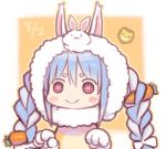  1girl 1other :&gt; :3 animal_ears bangs blue_hair blush blush_stickers border bow braid bunny_ears carrot_hair_ornament commentary dated don-chan_(usada_pekora) eyebrows_visible_through_hair face food_themed_hair_ornament gloves hair_between_eyes hair_bow hair_ornament hololive kuro_(kuroneko_no_kanzume) lion long_hair looking_at_viewer multicolored_hair orange_background orange_outline outside_border paw_pose rabbit_girl red_eyes short_eyebrows sidelocks solo_focus symbol-shaped_pupils thick_eyebrows twin_braids twintails two-tone_hair usada_pekora virtual_youtuber white_border white_gloves white_hair |_| 