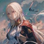  1girl bangs breasts capelet closed_mouth cloud cloudy_sky day edelgard_von_hresvelg expressionless feathers fire_emblem fire_emblem:_three_houses forehead garreg_mach_monastery_uniform gloves hair_ribbon highres lips long_hair looking_at_viewer maccha_(mochancc) medium_breasts outdoors parted_bangs purple_eyes red_capelet ribbon signature silver_hair sky solo straight_hair uniform upper_body white_gloves 