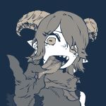  1girl blue_background brown_theme curled_horns demon_girl fewer_digits gloves highres horizontal_pupils horns long_tongue monochrome original pinky_out pointy_ears scarf sharp_teeth short_hair simple_background solo ssambatea teeth tongue tongue_grab tongue_out upper_body 