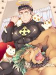  2boys animal_ears animal_on_shoulder arsalan_(tokyo_houkago_summoners) bara beard black_bodysuit black_hair blush bodysuit brown_fur cat cat_on_person cat_on_shoulder chest chest_hair clothing_cutout couple covered_abs covered_nipples facial_hair fingernails furry green_hair halo highres lap_pillow lion_boy lion_ears male_focus medium_hair multiple_boys muscle on_lap sharp_fingernails sharp_teeth short_hair sleeping sleeping_on_person stubble teeth thick_thighs thigh_cutout thighs tokyo_houkago_summoners yaoi yawning yellow_eyes youzora_samo18 zabaniya_(tokyo_houkago_summoners) 