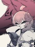  1girl ahoge closed_eyes closed_mouth curled_horns fur_trim gloves highres holding holding_mask horns lamb_(league_of_legends) limited_palette looking_at_viewer mask red_theme smile solo spirit_blossom_kindred ssambatea wolf wolf_(league_of_legends) 