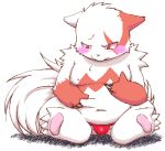  anthro asian_clothing belly blush clothing east_asian_clothing fundoshi fur japanese_clothing kemono male moobs navel nintendo nipples patiroku pok&eacute;mon pok&eacute;mon_(species) red_body red_fur simple_background sitting slightly_chubby solo underwear video_games white_background white_body white_fur zangoose 