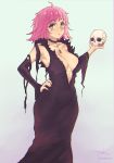  1girl ahoge black_choker breasts choker cleavage detached_sleeves dress green_eyes halloween halloween_costume hand_on_hip highres holding holding_skull jewelry large_breasts long_dress n1rv_ann-a no_bra pendant pink_hair plunging_neckline puk sam_(n1rv_ann-a) short_hair simple_background skull solo 