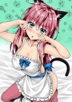  1girl animal_ears apron bed_sheet blush breasts cat_girl colorized hair_between_eyes highres kneeling kotatsu_(kotatsu358) linlith_(ososugita_isekai_tensei) naked_apron ososugita_isekai_tensei paw_pose pink_hair satansoft1 self_upload tail thighhighs 