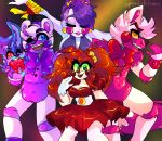  2018 animatronic anthro baby_(fnafsl) ballora_(fnafsl) black_nose blue_body blue_fur bow breasts button_(fastener) canid canine cheek_tuft clothing dress ear_piercing facial_tuft female five_nights_at_freddy&#039;s fox funtime_foxy_(fnafsl) funtime_freddy_(fnafsl) fur gesture green_eyes group hair head_tuft hi_res humanoid machine male mammal piercing pigtails pink_body pink_fur puppet_bonnie_(fnafsl) purple_body purple_cheeks purple_fur purple_hair red_cheeks red_hair red_nose robot signature sister_location speaker springbellebunnie standing tuft ursid v_sign video_games white_body white_fur white_hair white_skin 
