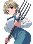  1girl :o axis_powers_hetalia bangs blonde_hair blue_eyes blue_ribbon blush breasts buttons collared_shirt commentary_request dress_shirt eyebrows_visible_through_hair from_side hair_ornament hairband highres holding holding_pitchfork huge_breasts long_sleeves looking_at_viewer pitchfork ribbon sayshownen shirt short_hair simple_background solo ukraine_(hetalia) white_background white_hairband x_hair_ornament 