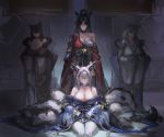  4girls absurdly_long_hair absurdres akagi_(azur_lane) akagi_(plum_and_snow)_(azur_lane) animal_ear_fluff animal_ears armor arrow_(projectile) azur_lane bare_shoulders black_hair black_kimono black_legwear blue_collar blue_kimono breasts brown_hair choker cleavage closed_eyes collar faceless faceless_female fox_ears fox_girl fox_tail fur-trimmed_kimono fur_trim hadanugi_dousa hamaya highres huge_breasts japanese_armor japanese_clothes kaga_(white_fox&#039;s_new_year_greetings)_(azur_lane) kii_(azur_lane) kimono kitsune kusazuri kyuubi large_breasts large_tail long_hair looking_at_viewer multiple_girls multiple_tails off-shoulder_kimono off_shoulder purple_eyes red_choker red_kimono sarashi seiza shinano_(azur_lane) single_bare_shoulder sitting song_ren tail thighhighs traditional_media very_long_hair watercolor_pencil_(medium) white_hair white_kimono white_legwear white_tail wide_sleeves 