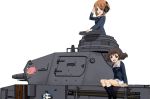  2girls akiyama_yukari anglerfish bangs black_legwear blue_jacket brown_eyes brown_hair emblem girls_und_panzer green_shirt ground_vehicle headphones highres jacket long_sleeves looking_at_viewer messy_hair military military_uniform military_vehicle miniskirt motor_vehicle multiple_girls nishizumi_miho ooarai_(emblem) ooarai_military_uniform open_mouth panzerkampfwagen_iv pleated_skirt salute shirt short_hair simple_background sitting skirt smile socks tank throat_microphone uniform white_background white_skirt yoyokkun 