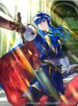  blue_cape blue_eyes blue_hair blue_shirt cape fire_emblem fire_emblem:_genealogy_of_the_holy_war fire_emblem_cipher gold_trim headband holding holding_sheath long_bangs official_art seliph_(fire_emblem) sheath shirt sunlight suzuki_rika sword weapon 