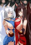  2girls absurdres akagi_(azur_lane) akagi_(blushing_intoxication)_(azur_lane) animal_ear_fluff animal_ears artist_request azur_lane bare_shoulders black_gloves blue_dress blue_eyes breast_press breasts brown_hair brown_tail cleavage dress evening_gown eyebrows_visible_through_hair eyeliner fox_girl gloves halter_dress highres jewelry kaga_(azur_lane) kaga_(white-tailed_magnificence)_(azur_lane) kyuubi large_breasts large_tail long_hair looking_at_viewer makeup multiple_girls multiple_tails necklace o-ring_dress partly_fingerless_gloves red_dress red_eyes short_hair side_cutout sleeveless sleeveless_dress symmetrical_docking tail white_hair white_tail 