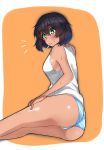  1girl absurdres antyobi0720 ass bangs blue_panties bob_cut breasts brown_hair commentary dark_skin eyebrows_visible_through_hair from_behind girls_und_panzer green_eyes hand_on_own_thigh highres hoshino_(girls_und_panzer) looking_at_viewer looking_back lying medium_breasts mouth_hold notice_lines on_side orange_background panties popsicle_stick rounded_corners shirt short_hair solo striped striped_panties sweat tank_top underwear underwear_only white_shirt 