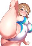  1girl bikini breasts cameltoe large_breasts looking_at_viewer open_mouth original pettan_p red_eyes short_hair smile solo split spread_legs standing standing_on_one_leg standing_split swimsuit thick_thighs thighs white_bikini 