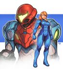  1girl 99vj abs absurdres blonde_hair blue_eyes clenched_hands commentary furrowed_brow highres metroid metroid_dread muscular muscular_female opaque_helmet ponytail power_suit samus_aran sidelocks thick_thighs thighs zero_suit 