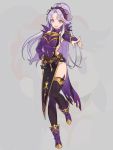  1girl belt boots cbc_p dress fingerless_gloves fire_emblem fire_emblem:_genealogy_of_the_holy_war full_body gloves hair_ornament jewelry long_hair open_mouth ponytail purple_eyes purple_hair smile solo solo_focus tailtiu_(fire_emblem) thighhighs thighs 