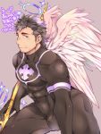  1boy angel angel_wings bara black_bodysuit black_hair bodysuit chest covered_abs covered_navel cowboy_shot facial_hair feathered_wings from_side halo highres looking_at_viewer male_focus manly muscle nether_angel_(tokyo_houkago_summoners) pink_wings polearm purple_eyes short_hair simple_background solo stubble tokyo_houkago_summoners translation_request weapon wings youzora_samo18 