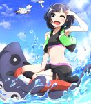  1girl absurdres ahoge alternate_costume armpits between_legs black_hair blue_eyes blush breasts cloud commentary gen_2_pokemon gen_3_pokemon hand_between_legs hand_up happy highres life_vest mantine midriff navel negimiso1989 ocean one_eye_closed open_mouth outdoors pokemon pokemon_(creature) pokemon_(game) pokemon_sm selene_(pokemon) short_hair sitting sky small_breasts solo swimsuit swimwear wariza water wingull 