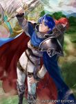  2boys alvis_(fire_emblem) armor black_robe blue_cape blue_eyes blue_hair cape fire_emblem fire_emblem:_genealogy_of_the_holy_war fire_emblem_cipher horse mayo_(becky2006) multiple_boys official_art red_hair shirt shoulder_armor sigurd_(fire_emblem) sword weapon white_shirt 