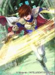  blue_shirt brown_eyes brown_hair cape fire_emblem fire_emblem:_genealogy_of_the_holy_war fire_emblem:_thracia_776 fire_emblem_cipher leif_(fire_emblem) light official_art shirt short_hair suzuki_rika sword weapon white_armor white_cape 