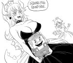  /\/\/\ :d bb_(baalbuddy) boner bowsette breasts cleavage collar crown drtess euphemism greyscale highres holding horns large_breasts mario mario_(series) monochrome open_mouth ponytail princess_peach sharp_teeth simple_background smile spiked_collar spikes teeth turtle_shell upper_teeth white_background wide-eyed 