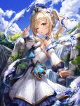  1girl ;o bangs barbara_(genshin_impact) blue_eyes blue_sky book breasts cloud detached_sleeves dress genshin_impact heart highres lunacle one_eye_closed open_mouth outdoors sidelocks sky small_breasts solo tree twintails v water waterfall white_dress white_headwear 