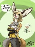  &lt;3 2016 anthro arabic_text belt big_ears black_clothing blonde_hair blue_eyes brown_body brown_fur canid canine canis clothed clothing duo english_text eyes_closed female fennec fennic food foshu foshu_(character) fox fully_clothed fur green_background grey_body grey_clothing grey_fur hair half-closed_eyes hi_res ivan_grey_(character) male male/female mammal muffin musical_note narrowed_eyes open_mouth simple_background singing smile steamy_mango_mouse_muffin text watermark white_body white_fur wolf yellow_body yellow_clothing yellow_fur 