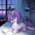  1:1 2020 bed blue_highlights book detailed_background english_text equid equine fan_character female feral fur furniture hasbro headphones hi_res highlights_(coloring) horn inner_ear_fluff lunarlacepony lying mammal mane my_little_pony on_bed pink_mane pink_tail plant potted_plant reading reading_book red_eyes signature solo text tuft unicorn white_body white_fur 