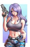  belt breasts camilla_(fire_emblem) camouflage camouflage_pants cleavage crop_top fire_emblem fire_emblem_fates gun hair_over_one_eye highres holding holding_gun holding_weapon jackary large_breasts lips midriff navel pants purple_hair tank_top weapon 