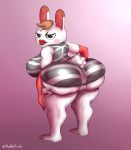  2020 animal_crossing anthro big_breasts big_butt breasts brown_hair butt clothed clothing curvy_figure digital_media_(artwork) digital_painting_(artwork) dress female fur genitals gloves hair handwear hi_res huge_breasts humanoid_genitalia humanoid_pussy lagomorph legwear leporid lipstick looking_back makeup mammal nekerlum nintendo plantigrade pose pussy rabbit red_gloves red_lipstick seductive seductive_eyes short_hair simple_background solo standing thick_thighs thigh_highs tiffany_(animal_crossing) video_games white_body white_fur wide_hips 