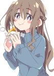  1girl blue_sweater blush_stickers brown_hair copyright_request eating eyebrows_visible_through_hair food hair_between_eyes holding holding_food ixy long_hair long_sleeves looking_at_viewer purple_eyes simple_background solo sweater white_background 