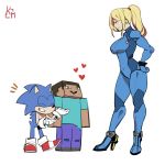 &lt;3 1:1 2020 :&gt; anthro blonde_hair blue_body blue_clothing blue_eyes blue_fur breasts brown_body brown_skin clothing crossover eulipotyphlan eyes_closed female footwear fur gloves grin group hair handwear hedgehog hi_res high_heels human kamira_nai light_skin looking_up male mammal metroid minecraft nintendo ponytail samus_aran shoes simple_background size_difference smile sonic_the_hedgehog sonic_the_hedgehog_(series) steve_(minecraft) super_smash_bros. tight_clothing video_games white_background zero_suit 
