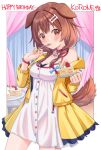  1girl animal_ears birthday birthday_cake blush bone_hair_ornament braid breasts brown_hair cake candle character_name choker cleavage collar commentary cowboy_shot curtains dog_collar dog_ears dog_tail dress eating food fork fruit hair_ornament happy_birthday highres holding holding_fork holding_plate hololive inugami_korone jacket kooh_ku looking_at_viewer medium_breasts medium_hair nail_polish off_shoulder plate red_choker red_eyes side_braids sleeveless sleeveless_dress solo strawberry tail twin_braids virtual_youtuber white_dress wristband yellow_jacket yellow_nails 