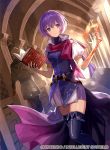  1girl book dress faceless faceless_male fire fire_emblem fire_emblem:_new_mystery_of_the_emblem grey_eyes katarina_(fire_emblem) official_art purple_dress purple_hair red_scarf scarf short_hair thighhighs tobi_(kotetsu) weapon 