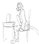  anthro big_penis chair cheetah circumcised clothed clothing desk erection felid feline furniture genitals huge_penis humanoid_genitalia humanoid_penis long_penis low_res male mammal monochrome mushyotter office_chair pants_down partially_clothed penis sketch solo 