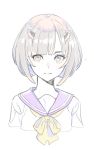  1girl bob_cut bow bowtie closed_mouth cropped_torso enkyo_yuuichirou grey_hair horns looking_at_viewer multicolored multicolored_eyes original pale_color purple_eyes purple_sailor_collar sailor_collar school_uniform serafuku shirt short_hair simple_background solo upper_body white_background white_shirt yellow_bow yellow_eyes yellow_neckwear 