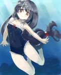  1girl air_bubble black_hair black_swimsuit blush breasts bubble casual_one-piece_swimsuit collarbone covered_navel day eyebrows_visible_through_hair frilled_swimsuit frills full_body hatsushimo_(kantai_collection) holding_breath kantai_collection light_rays long_hair low-tied_long_hair naka_akira ocean one-piece_swimsuit outdoors red_eyes small_breasts solo submerged sunlight swimming swimsuit underwater water 