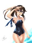  alternate_hairstyle armpits ass_visible_through_thighs blue_swimsuit breasts collarbone competition_swimsuit cowboy_shot eureka_(eureka-0075) eyebrows_visible_through_hair gradient gradient_background hair_between_eyes hatsushimo_(kantai_collection) kantai_collection looking_at_viewer one-piece_swimsuit ponytail salute school_swimsuit signature small_breasts standing swimsuit thigh_gap thighs 