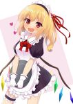  1girl :d alternate_costume apron bangs blonde_hair blush bow bowtie breasts commentary_request contrapposto cowboy_shot crystal dutch_angle enmaided eyebrows_visible_through_hair fang flandre_scarlet gloves hair_bobbles hair_ornament hair_ribbon heart holding holding_tray leg_garter looking_at_viewer maid maid_apron maid_dress maid_headdress medium_breasts medium_hair one_side_up open_mouth puffy_short_sleeves puffy_sleeves red_bow red_eyes red_neckwear red_ribbon ribbon short_sleeves skin_fang smile standing touhou tray white_background white_gloves wings yuimari 