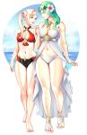  bikini breasts edelgard_von_hresvelg green_hair highres holding_hands jackary large_breasts midriff navel red_bikini rhea_(fire_emblem) smile swimsuit white_bikini white_hair 