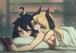  2girls aqua_eyes bangs black_eyes black_hair blonde_hair blunt_bangs book borrowed_character breasts commentary eating_hair english_commentary flareze_(porforever) freckles hair_between_eyes highres holding holding_book horns long_hair lying lying_on_person medium_breasts multiple_girls nude on_stomach original pillow pointy_ears porforever reading sideboob under_covers yuri 