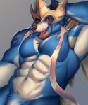  2020 abs anthro anthrofied canid canine crowned_sword_zacian genitals grey_background hi_res legendary_pok&eacute;mon male mammal muscular muscular_anthro muscular_male nintendo open_mouth pecs penis pok&eacute;mon pok&eacute;mon_(species) simple_background small_leaf_art smile solo video_games zacian 