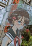  1girl after_rain blue_eyes blurry blurry_background breasts brown_hair cleavage depth_of_field droplets flower glasses grey_sailor_collar hair_flower hair_ornament highres holding holding_umbrella looking_at_viewer looking_to_the_side neckerchief original parted_lips pink_flower red-framed_eyewear red_neckwear revision sailor_collar school_uniform serafuku short_hair solo transparent transparent_umbrella umbrella upper_body vofan 