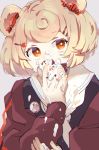  1girl animal_ears arknights bear_ears blonde_hair cake candy_hair_ornament commentary cream cream_on_body cream_on_face drop_shadow eating food food_on_face food_themed_hair_ornament grey_background gummy_(arknights) hair_ornament hairclip highres holding holding_food miyachi_(tanya_visha) off-shoulder_jacket red_eyes sailor_collar school_uniform short_hair simple_background solo symbol_commentary upper_body white_sailor_collar 